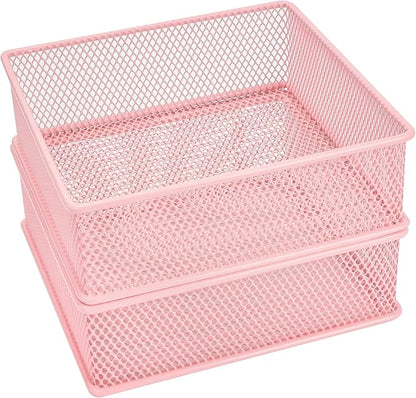 Annova Mesh Stackable Drawer Cabinet and Shelf Organizer Bins Storage Basket School Office Supply Holder Tray- Set of 2 (Light Pink, 6x6x2 Inch)