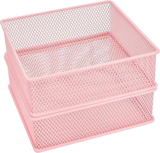 Annova Mesh Stackable Drawer Cabinet and Shelf Organizer Bins Storage Basket School Office Supply Holder Tray- Set of 2 (Light Pink, 6x6x2 Inch)