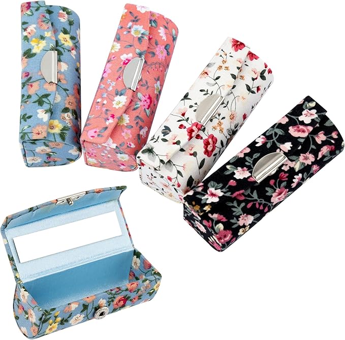 AUEAR, 4 Pack Floral Lipstick Case with Mirror for Purse Travel Holder (Small Flower Pattern)