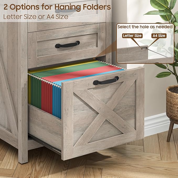 3 Drawer Small File Cabinet, Farmhouse Vertical Filing Cabinet Fits Letter and A4 Size, Under Desk Wooden File Cabinets for Home Office, Printer Stand, Grey