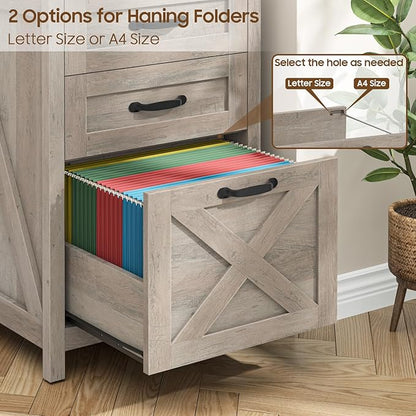 3 Drawer Small File Cabinet, Farmhouse Vertical Filing Cabinet Fits Letter and A4 Size, Under Desk Wooden File Cabinets for Home Office, Printer Stand, Grey