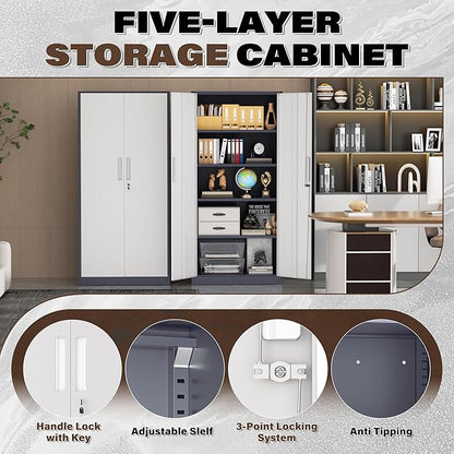 Metal Garage Storage Cabinet, 72” Lockable File Cabinets with 2 Doors and 4 Adjustable Shelves, Steel Tool Cabinets with Lock for Office, Home, Living Room, Grey White