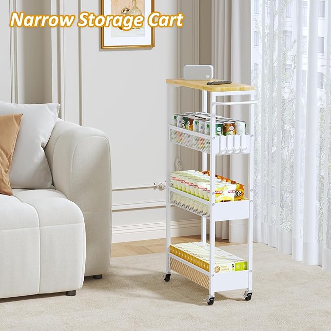 Slim Storage Cart on Wheels, 4 Tier Metal Narrow Rolling Cart with Handle and Wood Top, Multifunctional Small Mobile Shelf Unit Organizer Trolley for Laundry, Bathroom, Kitchen