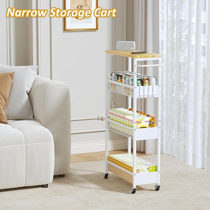 Slim Storage Cart on Wheels, 4 Tier Metal Narrow Rolling Cart with Handle and Wood Top, Multifunctional Small Mobile Shelf Unit Organizer Trolley for Laundry, Bathroom, Kitchen