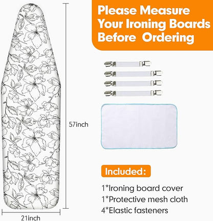 Ironing Board Cover and Pad, 21x54 Extra Large Thick Iron Padding, Scorch & Stain Resistant Ironing board cover, Heavy Duty Iron Board Padded with Adjustable Fasteners Elastic Edge, Floral White