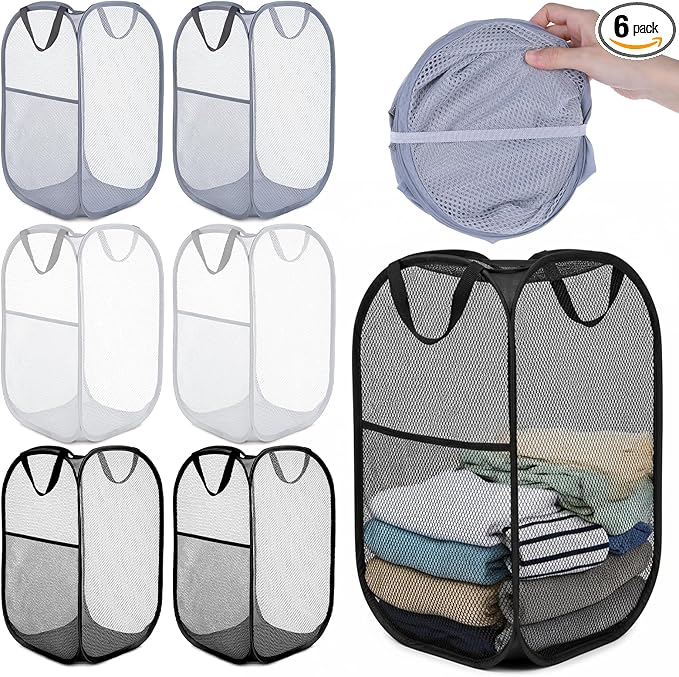 SHENLIU 6 Pcs Popup Mesh Laundry Baskets, Collapsible Portable Clothes Washing Laundry Hampers with Carry Handles, Clothes Hamper for Home, Travel, College Dorm, 14.6 x 22.8 Inch (Gray, Black, White)