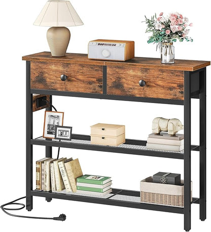 HOOBRO 29.5" Narrow Console Table with Power Outlet, Small Entryway Table with 2 Fabric Drawers, Behind Couch Table Sofa, 3-Tier Storage Shelves, for Living Room, Hallway, Rustic Brown BF72UXG01