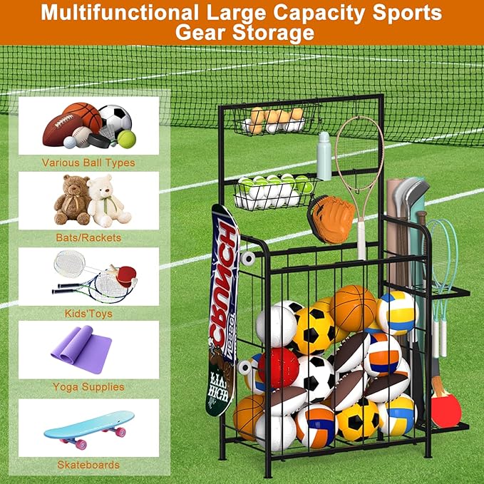 Shinoske Sports Equipment Organizer, Garage Storage Rack With Hooks and Baskets,Multi Use Large capacity Ball Storage Rack for Basketball,Football, Soccer, Bat, Toys,Indoor/Outdoor Use,Black