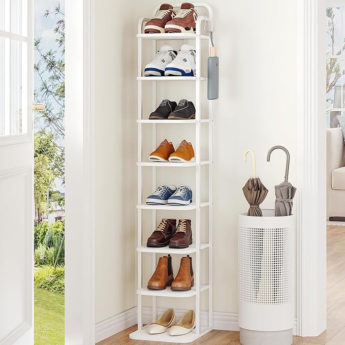 8 Tiers Vertical Shoe Rack, Narrow Shoe Tower, Tall Shoes Shelf with 2 Hooks, Adjustable Shelves, Corner Shoes Shelves for Small Spaces, Entryway, Living Room, White SR04313W