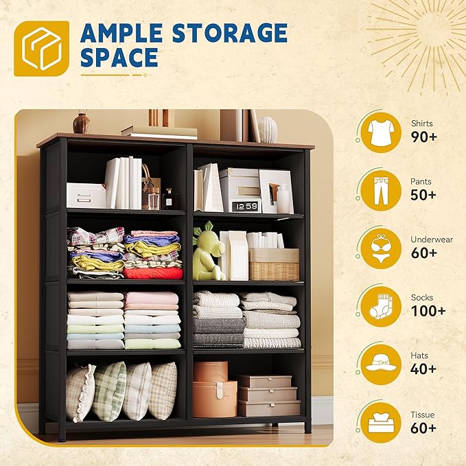 DWVO Dresser with 8 Drawers - Fabric Storage Tower, Organizer Unit for Bedroom, Hallway, Closets - Sturdy Steel Frame, Wooden Top & Easy Pull Fabric Bins (Burlywood Grain)