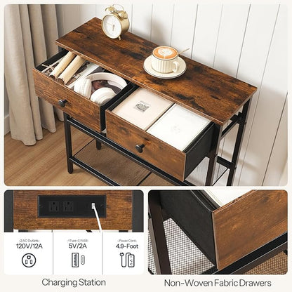HOOBRO 29.5" Narrow Console Table with Power Outlet, Small Entryway Table with 2 Fabric Drawers, Behind Couch Table Sofa, 3-Tier Storage Shelves, for Living Room, Hallway, Rustic Brown BF72UXG01