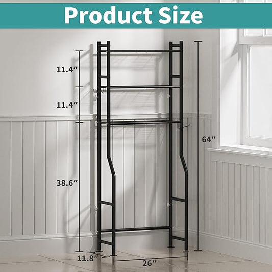 3-Tier Over The Toilet Storage with Paper Holder, Metal Bathroom Organizers and Storage for Small Space, Freestanding Bathroom Shelves with 4 Hooks, Above The Toilet Storage Shelf (Black)