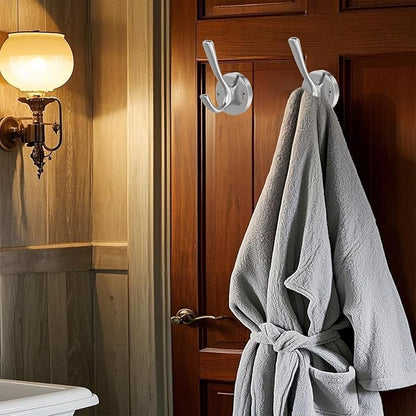 Brushed Nickel Wall Hooks, 6 Pack Coat Robe Hook Heavy Duty Metal Double Bath Hook Wall Mounted, Hand Towel Hooks for Cubicle Bathroom Kitchen Closet Garage