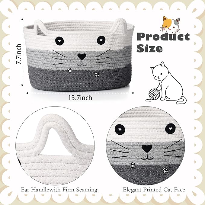 Zopeal Cat Basket Storage Woven Organizer with Ears Easter Decorative Gift Pet Toy Cute Cotton Rope Basket for Gift Cat Dog Toy Bin Nursery Room(13.7 x 7.8 Inch,White, Light Gray, Dark Gray)