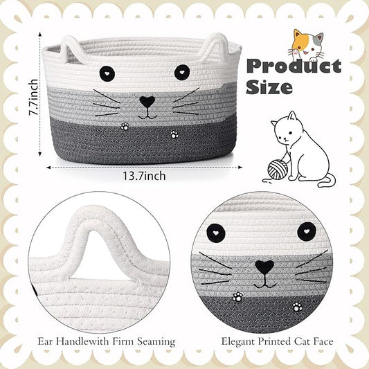 Zopeal Cat Basket Storage Woven Organizer with Ears Easter Decorative Gift Pet Toy Cute Cotton Rope Basket for Gift Cat Dog Toy Bin Nursery Room(13.7 x 7.8 Inch,White, Light Gray, Dark Gray)