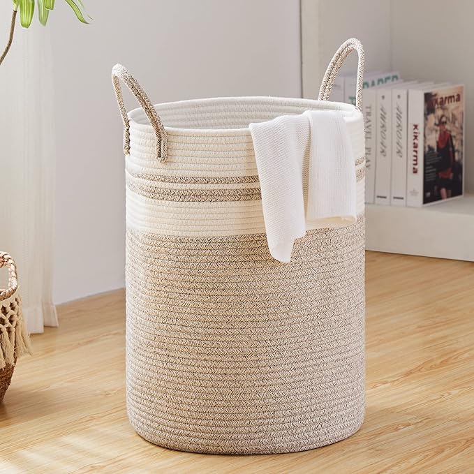 72L Large Woven Laundry Hamper by Fiona's magic, Tall Cotton Rope Storage Basket, Jute Baby Nursery Hamper for Blankets, Toys and Clothes in Bedroom and Living Room Organizing, Brown & White