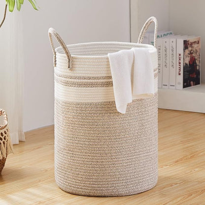 72L Large Woven Laundry Hamper by Fiona's magic, Tall Cotton Rope Storage Basket, Jute Baby Nursery Hamper for Blankets, Toys and Clothes in Bedroom and Living Room Organizing, Brown & White