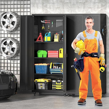Garage Storage Cabinet with Wheels, Metal Storage Cabinet with 2 Doors and Adjustable 4 Shelves for Garage, Basement, Warehouse, Office, Black, Assembly Required