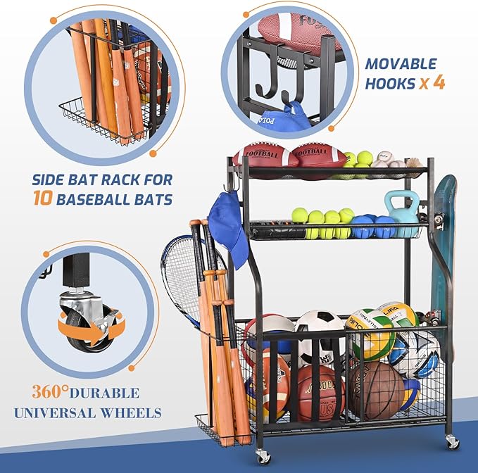 PLKOW Sports Equipment Storage for Garage, Indoor/Outdoor Sports Rack for Garage, Ball Storage Garage Organizer with Basket and Hooks,Toy/Sports Gear Storage