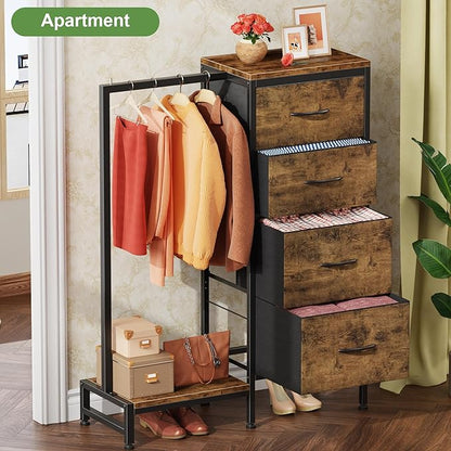 Dresser with Hanging Rack, 4 Drawers Small Closet for Bedroom, Reversible Fabric Kids Chest of Drawers with Clothes Rack, Tall Storage Tower, Sturdy Frame, Rustic Brown, 44''H