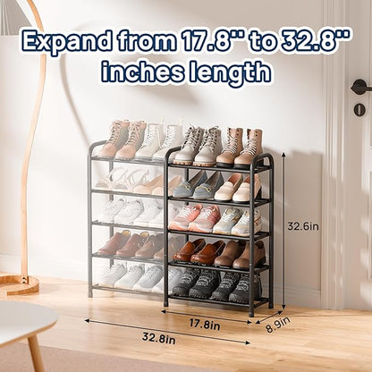 ENJOYBASICS Expandable Shoe Rack, 32.8'' Wide - 5 Tier Adjustable Shoe Organizer Shelf for Closet, 20 Pairs Black Metal Free Standing Shoe Rack Storage for Garage, Entryway