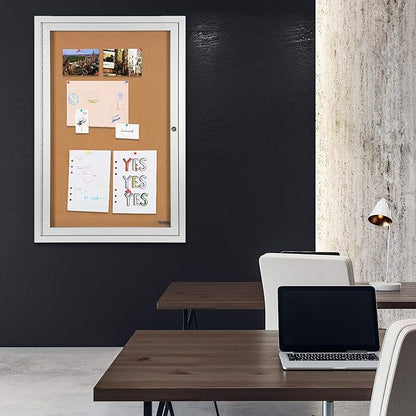 INNOVART Enclosed Bulletin Board 36”x24”, Lockable Cork Noticeboard with Aluminum Frame, Outdoor Enclosed Bulletin Board Weatherproof, Wall Display Case with Swing-Open Door Information Cabinet