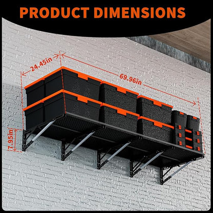 Heavy Duty Foldable Garage Storage Shelves Wall Mounted Metal Rack Unit Organizer with Removable Edge Barriers, Adjustable System for Corner Wall Use, 69.96 Inch Long 24.45 Inch Large