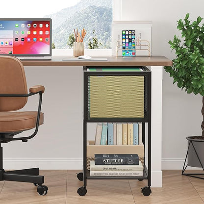 Rolling File Cart, Mobile File Cabinet with Wheels Hanging Files, Metal Hanging File Folder Cart File Organizer Fit Letter Size for Home Office, Black
