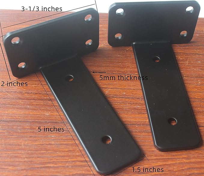 2 Pack - 5 inch Black Hidden L Shelf Bracket (1/5 Inch Thicked) Iron Floating Shelf Brackets Rustic Industrial Metal Brackets for Shelf Support