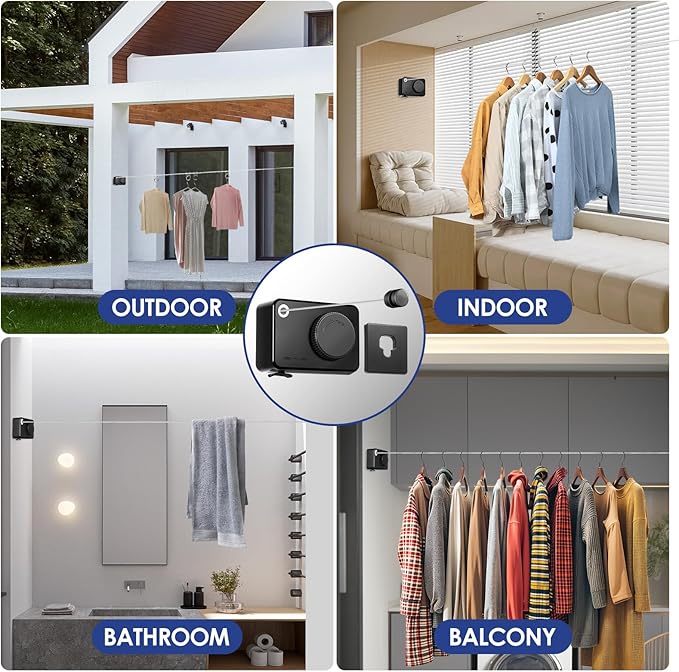 Retractable Clothesline Indoor, Non-Sagging Clothes Line Retracting Outdoors,13.8Ft Heavy Duty Clothes Drying Laundry Line, Wall Mounted Clothesline with 5pcs Hooks (RectangleBlack)
