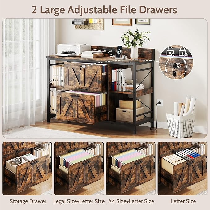 44" File Cabinet, Lateral Filing Cabinet for Home Office with 2 Drawers, Office Storage Cabinet with Lock and Key, Wooden Printer Stand with 4 Storage Shelves, Power Outlets, Bookshelf, Rustic Brown