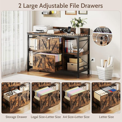 44" File Cabinet, Lateral Filing Cabinet for Home Office with 2 Drawers, Office Storage Cabinet with Lock and Key, Wooden Printer Stand with 4 Storage Shelves, Power Outlets, Bookshelf, Rustic Brown