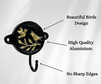 Aluminium Bird Print (1-Pack) Single Wall Hooks, Black Bird Themed Hooks for Hanging Leash-Wall Mount Hanger, Organization Decorative Wall Hook (Bird)