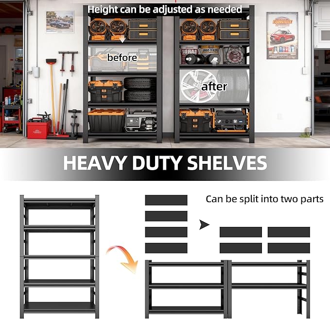 32"W*16"D Garage Storage Shelves, Metal Garage Shelving, Adjustable Steel Storage Rack Shelf, 4-Tier Shelving Unit, Ideal for Garage, Pantry, Basement, Kitchen, Living Room, 63"Hx31.5"Wx15.8"D, Black
