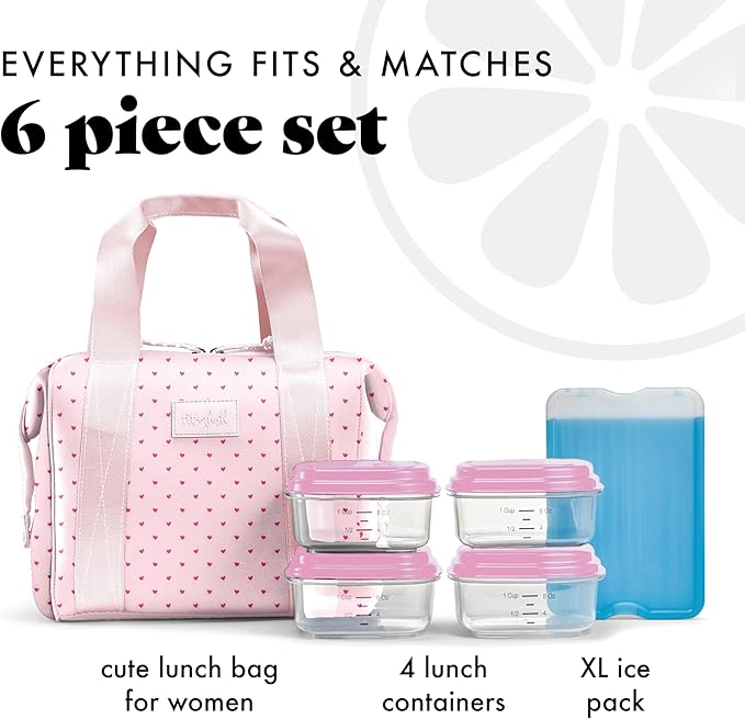 Fit & Fresh Neoprene Lunch Bag For Women, Insulated Womens Lunch Bag For Work, Tear & Stain Resistant Large Lunch Box For Women With Containers and Ice, Machine Washable Remi Bag, Tiny Hearts