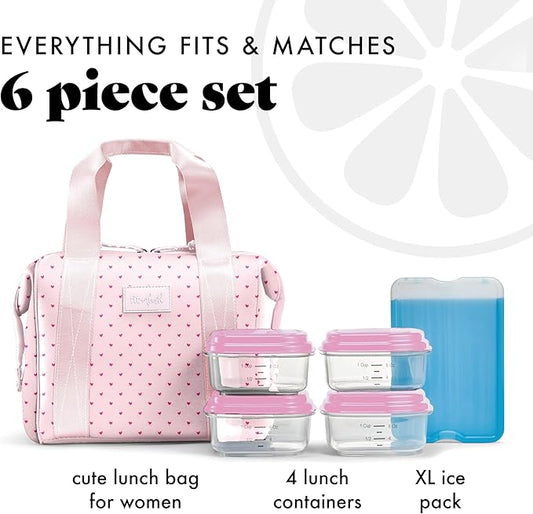 Fit & Fresh Neoprene Lunch Bag For Women, Insulated Womens Lunch Bag For Work, Tear & Stain Resistant Large Lunch Box For Women With Containers and Ice, Machine Washable Remi Bag, Tiny Hearts