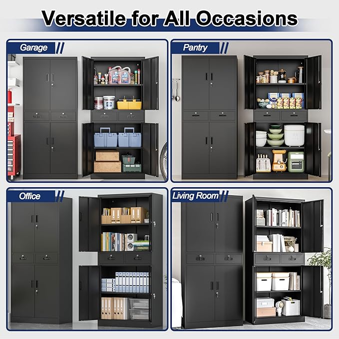 BESFUR Metal Storage Cabinet with 2 Drawers 4 Doors and 2 Adjustable Shelves Garage Storage Cabinet with Lock 71" Office Storage Cabinets Locking Cabinets for Garage Office Shop Home (Black)