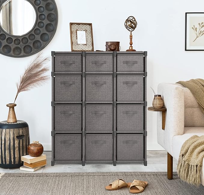 12 Cube Storage Organizer - Gray Cube Shelf Organizer, DIY Storage Cubes Organizer Shelves with Fabric Storage Cubes, Sturdy Cubbies Storage Shelves, Cube Storage Shelf for Bedroom, Playroom and More