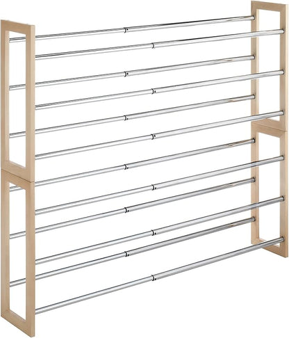 Whitmor 3 Tier Expandable Shoe Rack -Stackable - Natural Wood and Chrome