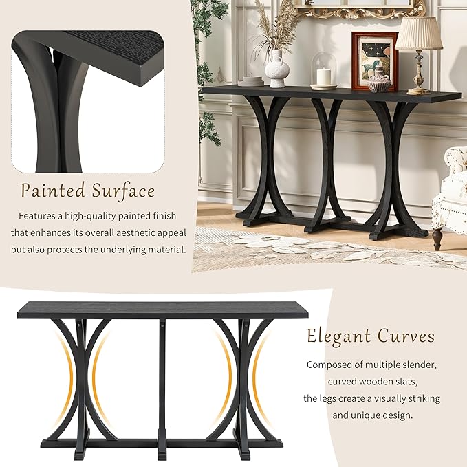 59.8" Wooden Console Table with Oak Veneer Top,Farmhouse Entryway Table with Rubber Wood Slender Curved Legs,Perfect for Living Room,Entryway,Hallway,Black
