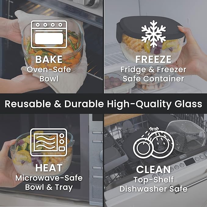 Bentgo Glass Salad Container - 7.6-Cup Salad Bowl with Airtight Lid, Leak-Proof Sauce Container, 4-Compartment Bento Tray & Reusable Fork - BPA-Free for Meal Prep, Office & More (Black Onyx)