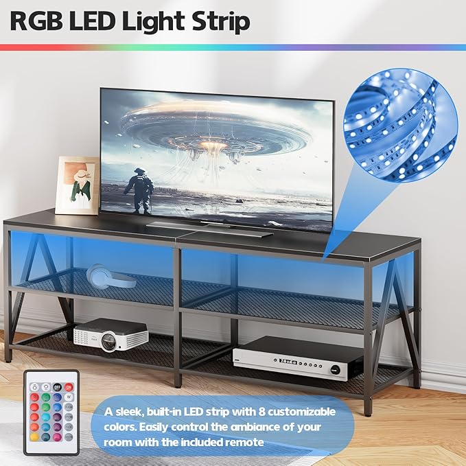 55 inch TV Stand with 3-Tier Open Shelf, Entertainment Center with Power Outlets & 8-Color LED Lights, TV Console Table for Living Room, Bedroom (Black)