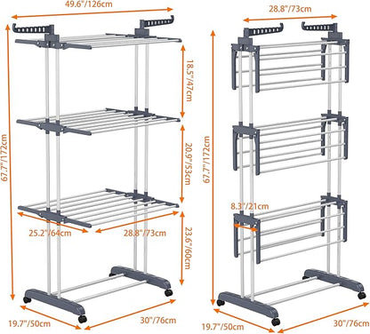 HOMIDEC Clothes Drying Rack, Oversized 4-Tier(67.7" High) Foldable Stainless Steel Drying Rack Clothing, Movable Drying Rack with 4 castors, 24 Drying Poles and 14 Hooks for Bed Linen, Clothing, Grey