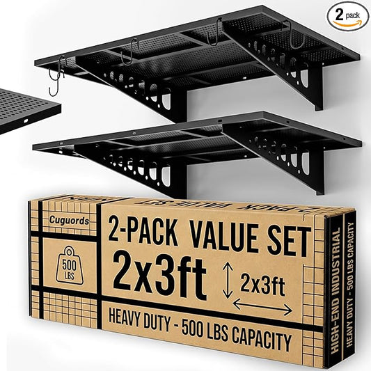 2-Pack 2x3ft Heavy Duty Wall Shelves, 500 Lbs Wall Mounted Garage Shelving Racks, Deep Flat Panel With Complete Install Kit, Black