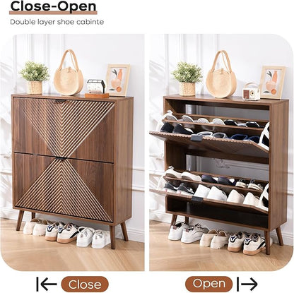 Shoe Cabinet Storage, Farmhouse Freestanding Organizer with 2 Flip Drawers and 4 Wooden feet, Narrow Shoe Rack Cabinet for Entryway, Foyer, Hallway, Walnut