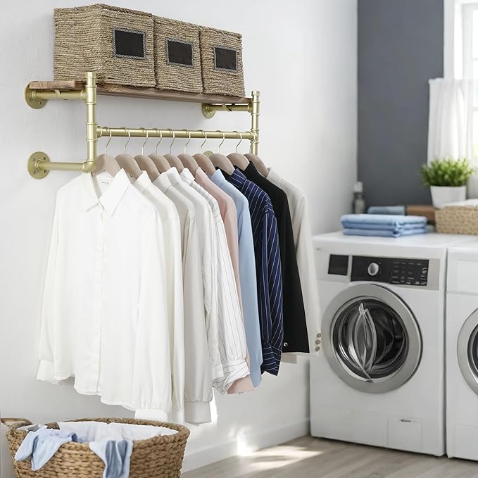WEBI Wall Mounted Clothes Rack with Shelf,32" Industrial Pipe Clothing Rack with Shelf with Hanging Rod,Heavy Duty Iron Garment Rack Bar,Retail Display Clothes Rod for Laundry Room,Closet,Gold
