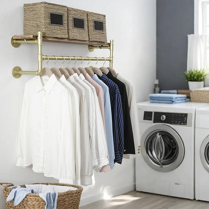WEBI Wall Mounted Clothes Rack with Shelf,32" Industrial Pipe Clothing Rack with Shelf with Hanging Rod,Heavy Duty Iron Garment Rack Bar,Retail Display Clothes Rod for Laundry Room,Closet,Gold