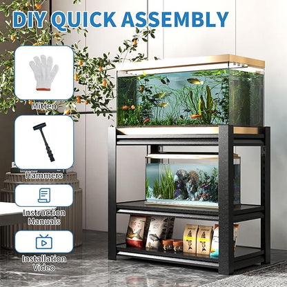 3 Tier Metal Shelving Unit, Aquarium Shelf System, Small Storage Organizer Racks for Basement Garage Laundry Utility Shelving (Black)