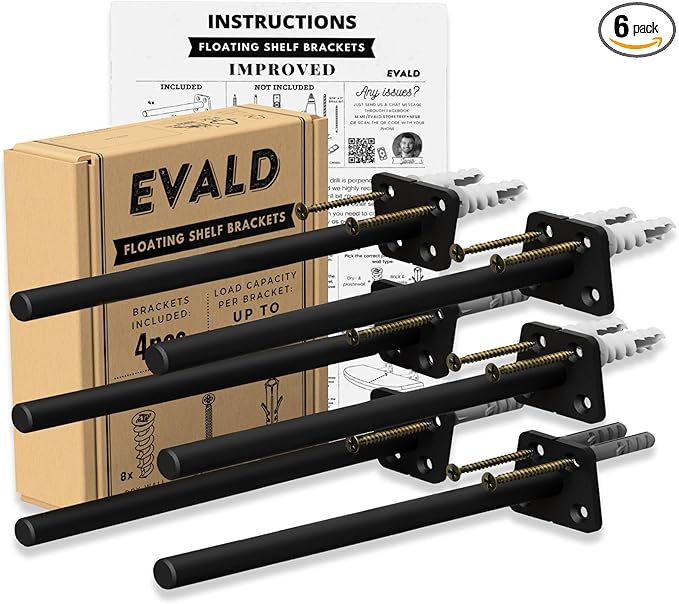 EVALD Hidden Floating Shelf Bracket | 8-Inch Heavy Duty Blind Shelf Support | Kitchen Shelf, Fireplace Mantel Bracket | Invisible Wall Mount Bracket for Home & Office | Floating Shelf Hardware 6 Pack