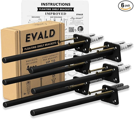 EVALD Hidden Floating Shelf Bracket | 8-Inch Heavy Duty Blind Shelf Support | Kitchen Shelf, Fireplace Mantel Bracket | Invisible Wall Mount Bracket for Home & Office | Floating Shelf Hardware 6 Pack